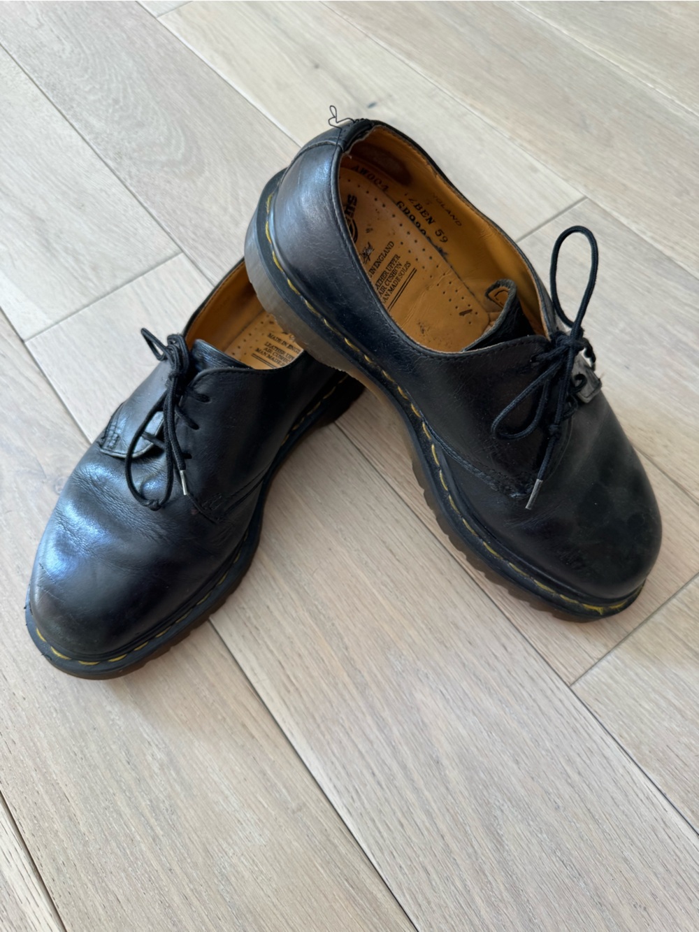 Dr. Martens Black Leather Derby Shoes with Yellow Stitching